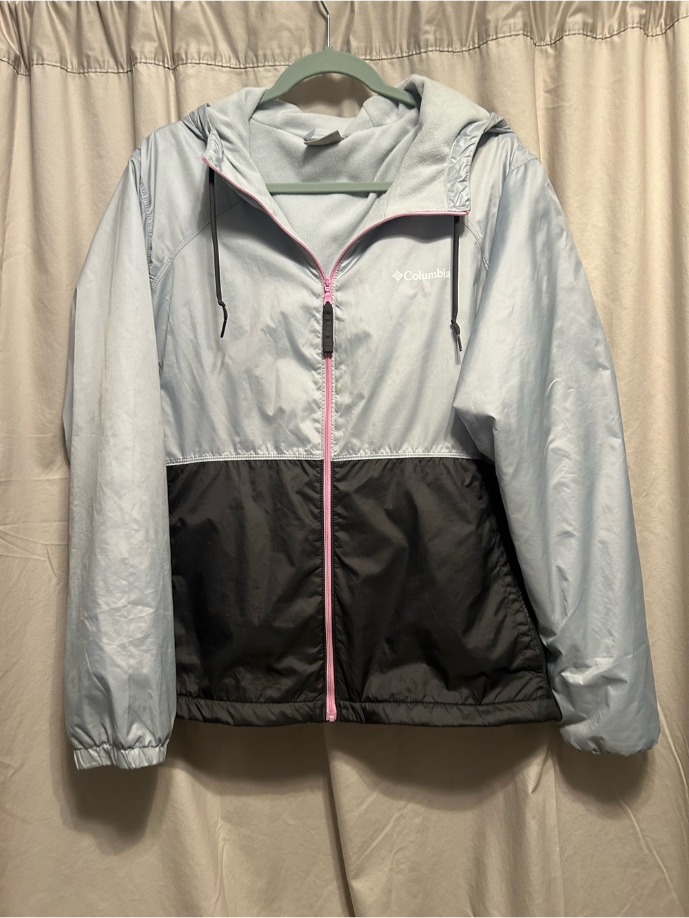 Columbia Light Blue and Black Hooded Bomber Jacket with Pink Trim
